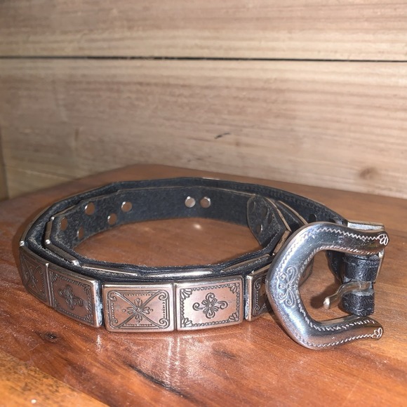 VTG 1996 Brighton Silver Tile Belt Western Etched Squares Black Leather S34703